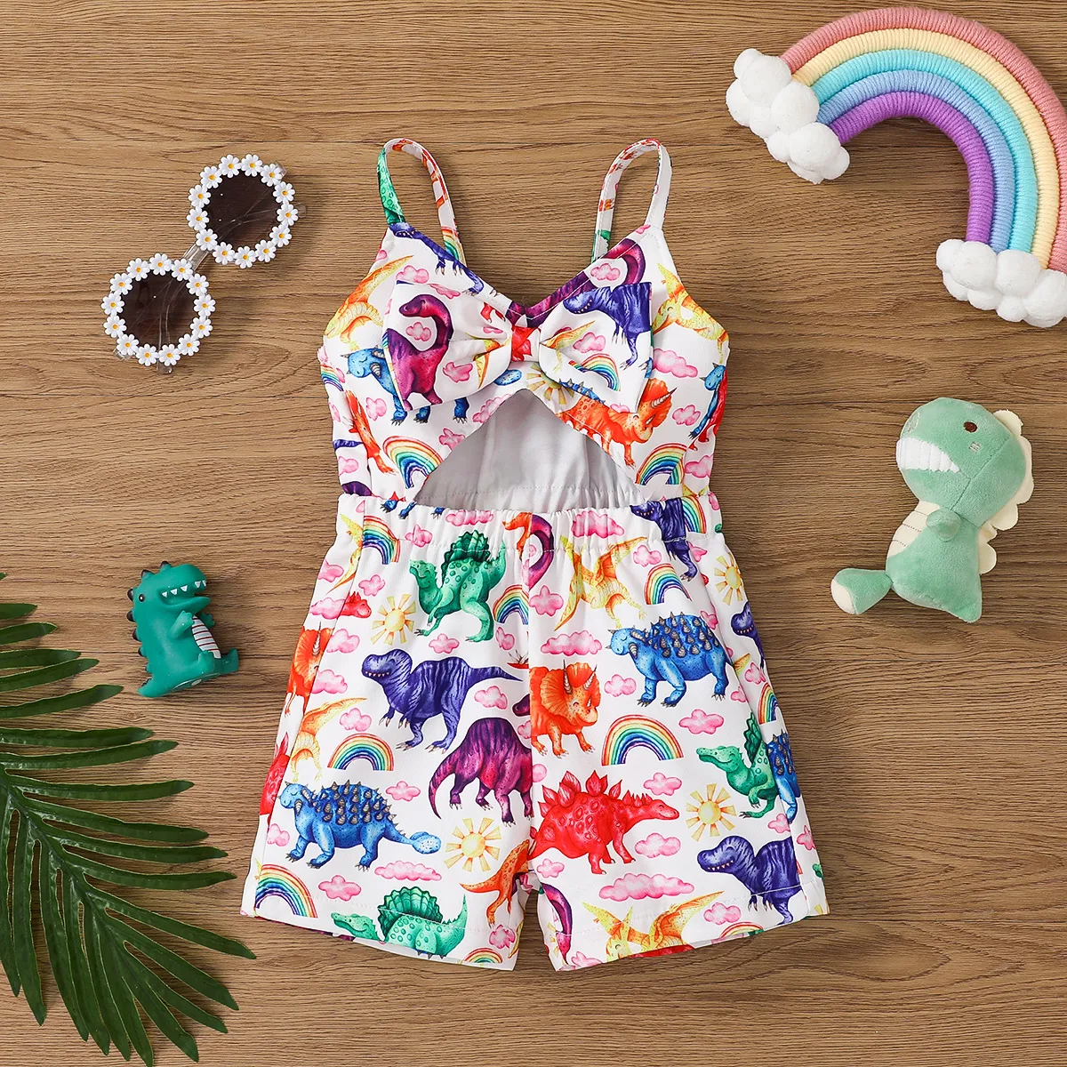 Toddler Girl Trendy Allover Dinosaur Print Cut Out Front Slip Romper Multi-color big image 1