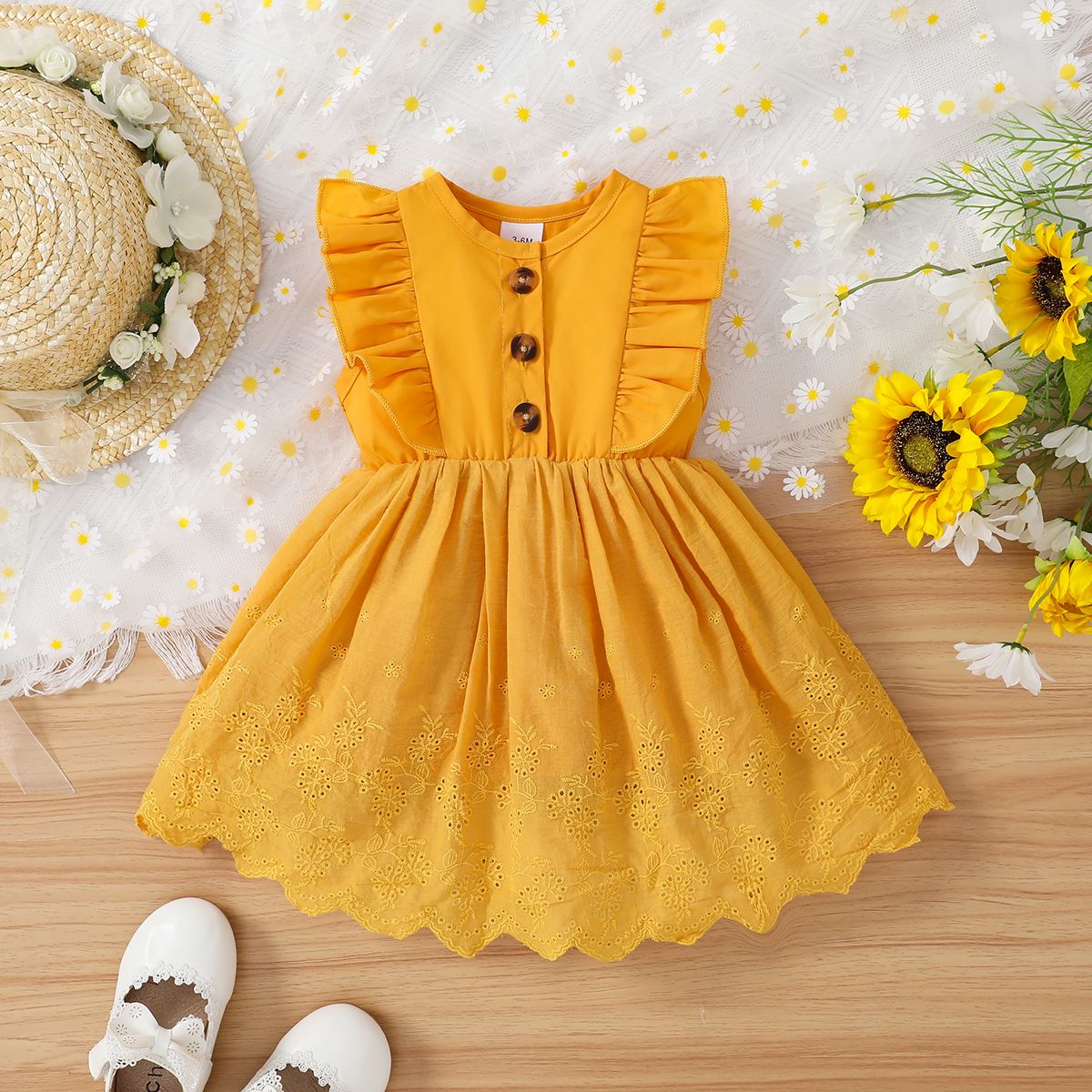

Baby Girl 100% Cotton Ruffle Front Buttons Lace Floral Pattern Dress