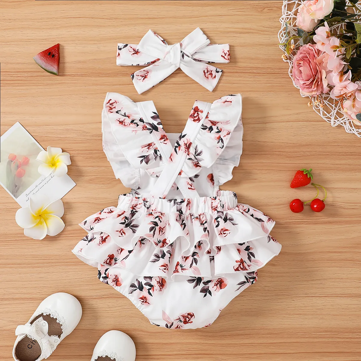 2pcs Baby Girl Allover Floral Print Ruffled Romper & Bow Headband Set White big image 1