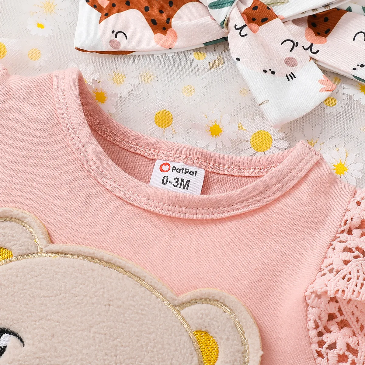 3pcs Baby Girl 95% Cotton Bear Graphic Romper & Flared Pants & Bow Headband Set Pink image 3