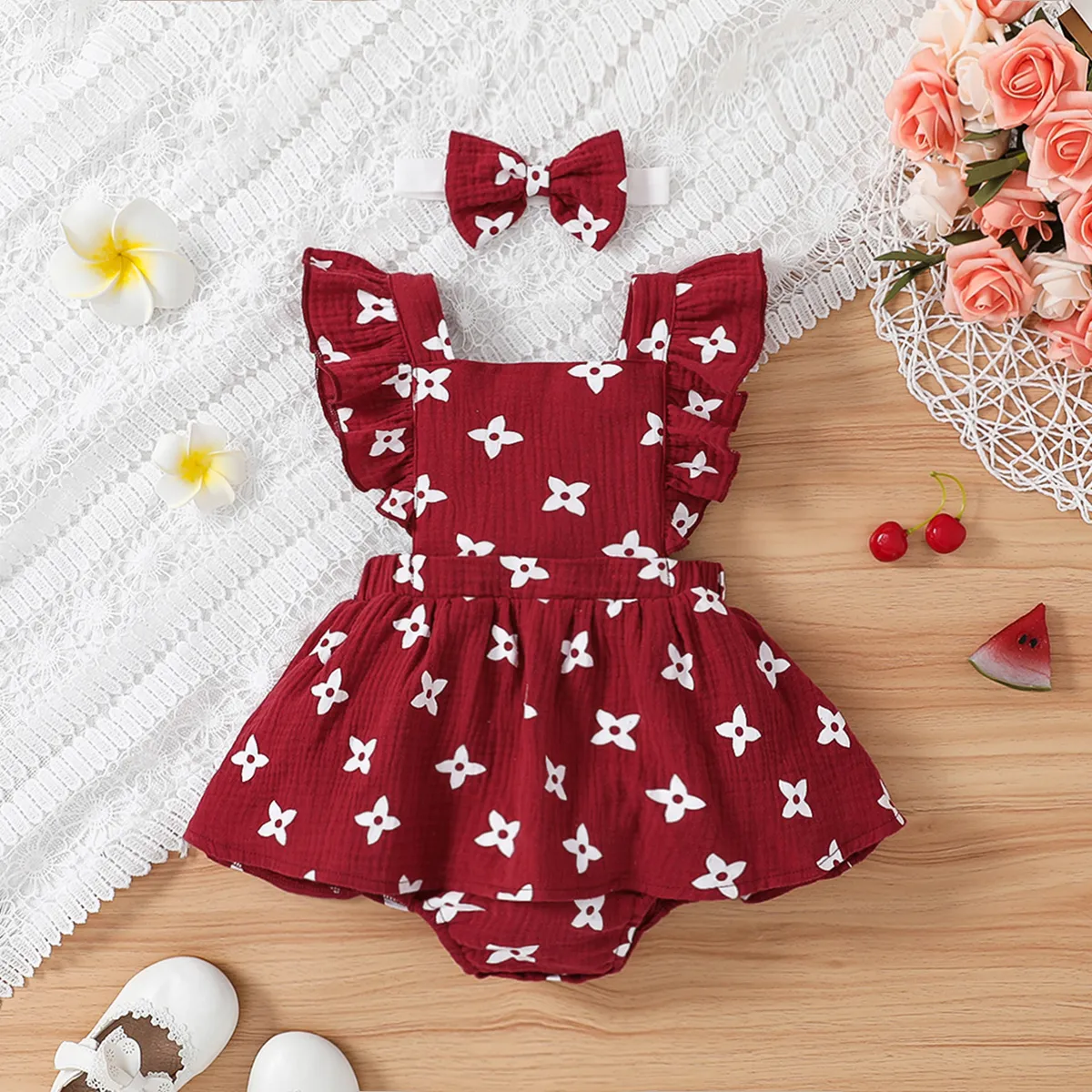 

2pcs Baby Girl 100% Cotton Floral Print Ruffled Bodysuit Dress and Headband Set