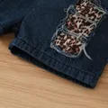 2pcs Toddler Girl Trendy 100% Cotton Leopard Ripped Belted Denim Shorts and Figure Print Tee Set  image 4