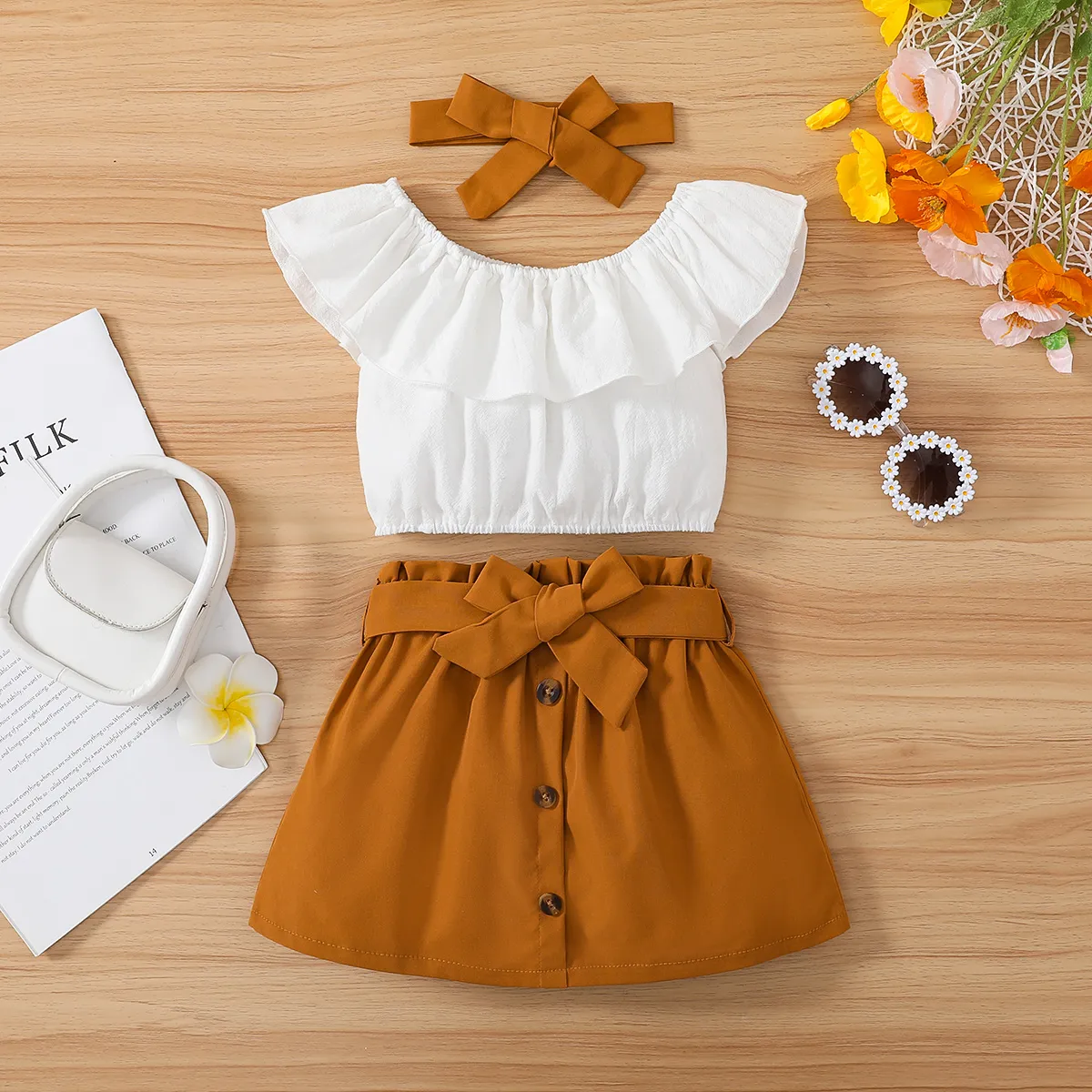 3pcs Toddler Girl 100% Cotton Solid Ruffled Top & Belted Skirt & Bow Headband Set White big image 1