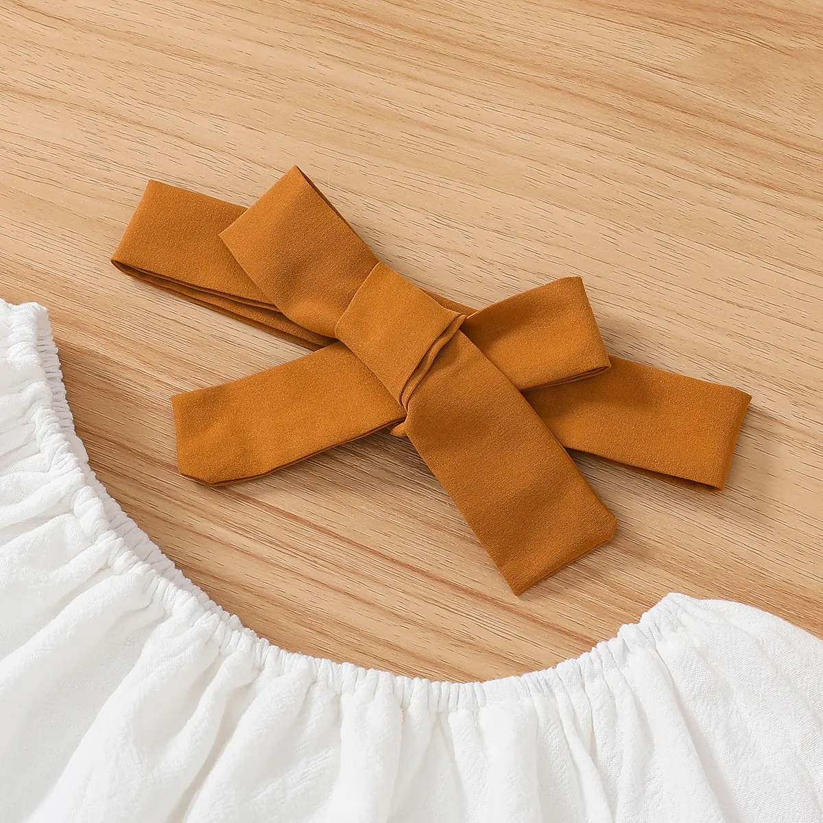 3pcs Toddler Girl 100% Cotton Solid Ruffled Top & Belted Skirt & Bow Headband Set White image 2