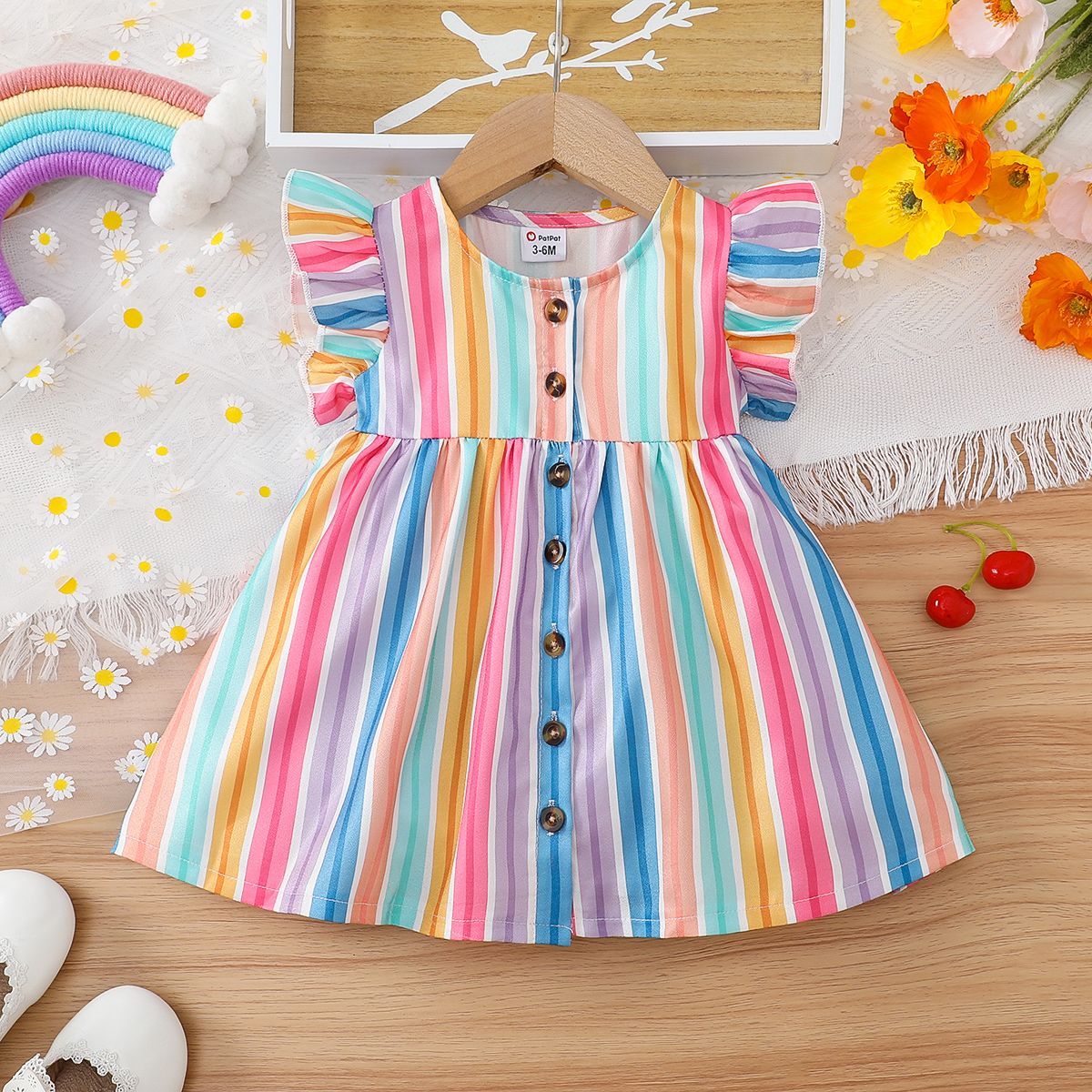 

Baby Girl Colorful Stripe Ruffle-sleeve Button Up Dress