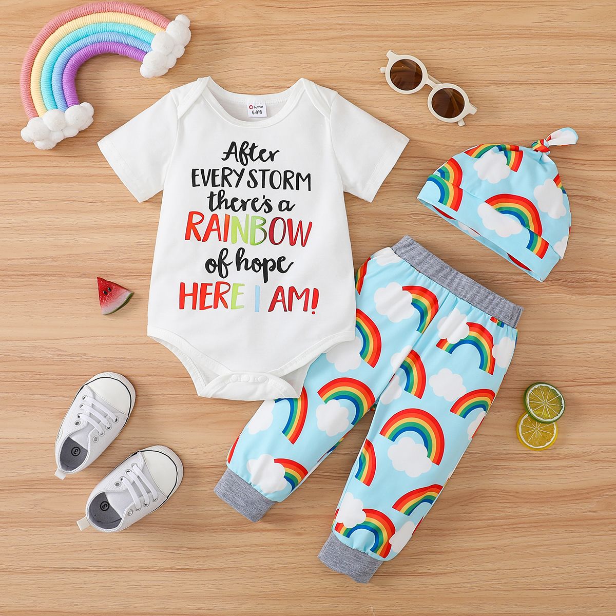 3pcs Baby Boy Letter Print Body & Rainbow Print Pantalon & Hat Set