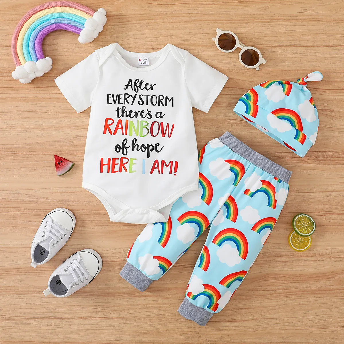 3pcs Baby Boy Letter Print Bodysuit & Rainbow Print Pants & Hat Set  big image 1