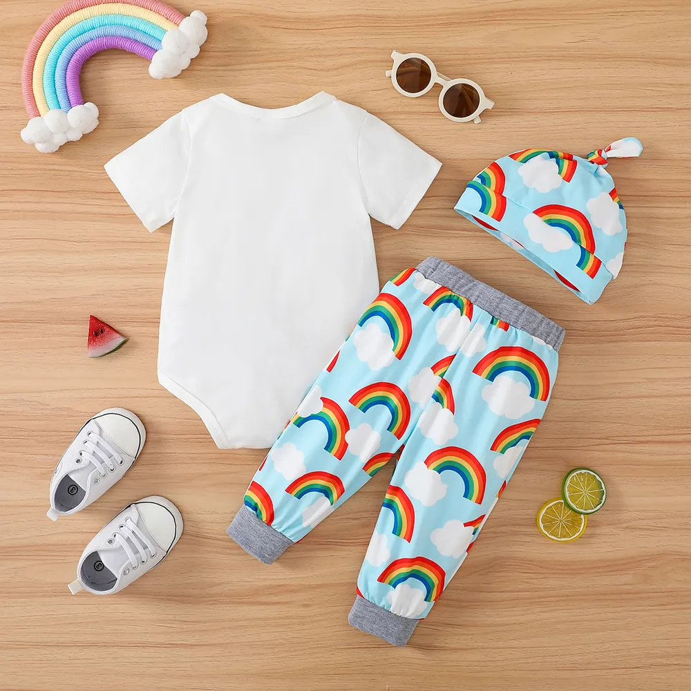 3pcs Baby Boy Letter Print Bodysuit & Rainbow Print Pants & Hat Set  big image 9