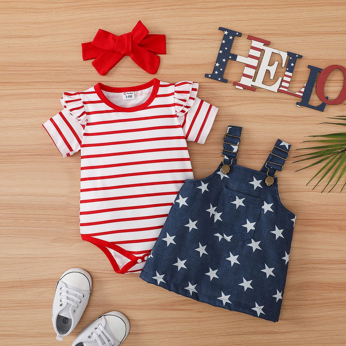 

3pcs Baby Girl Stripe Bodysuit & 100% Cotton Heart Print Overall Dress & Headband Set