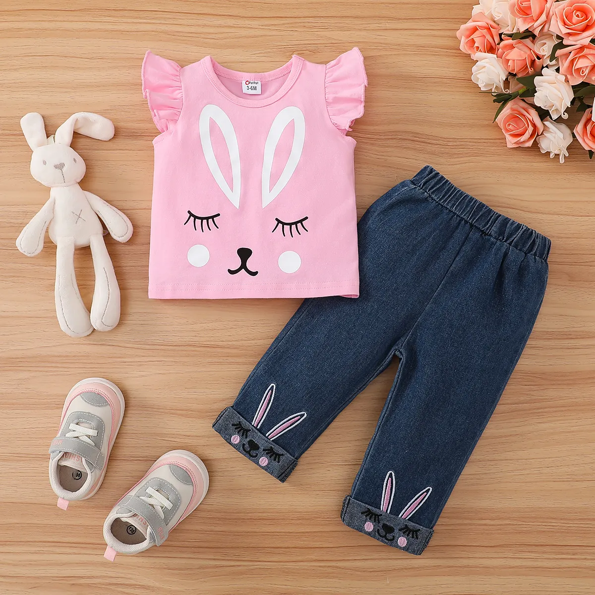 2pcs Baby Girl 95% Cotton Rabbit Print Flutter-sleeve Top and 100% Cotton Pants Set Pink big image 1