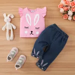 2pcs Baby Girl 95% Cotton Rabbit Print Flutter-sleeve Top and 100% Cotton Pants Set Pink image 2