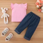 2pcs Baby Girl 95% Cotton Rabbit Print Flutter-sleeve Top and 100% Cotton Pants Set Pink image 3
