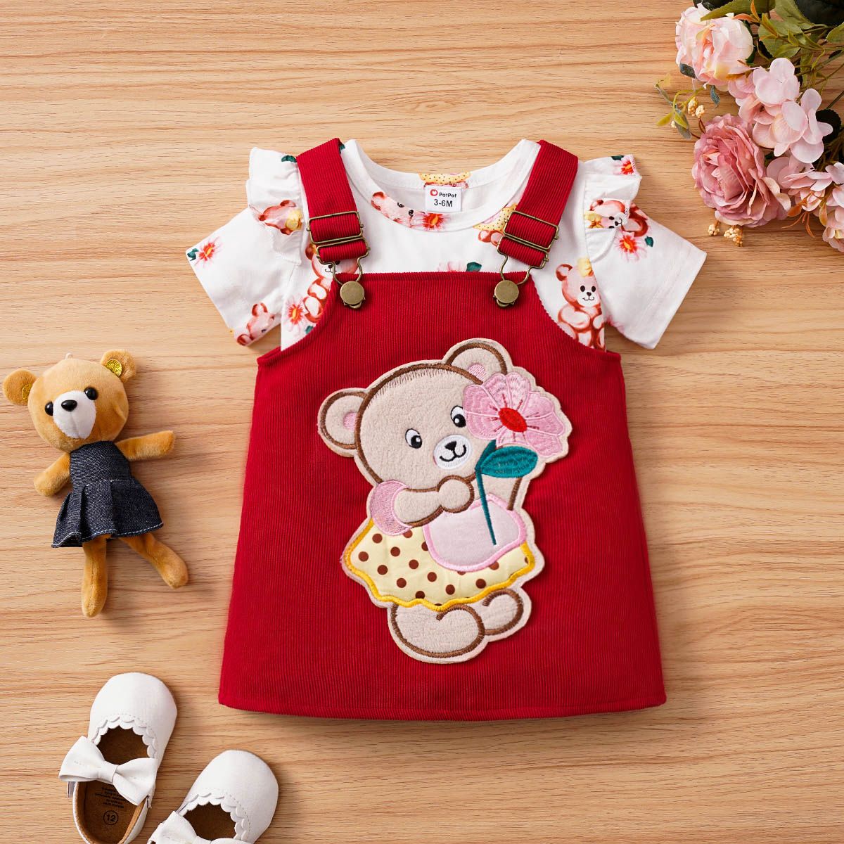 

2pcs Baby Girl Allover Little Bears Pattern Ruffle Short-sleeve Tee and Strappy Dress Set
