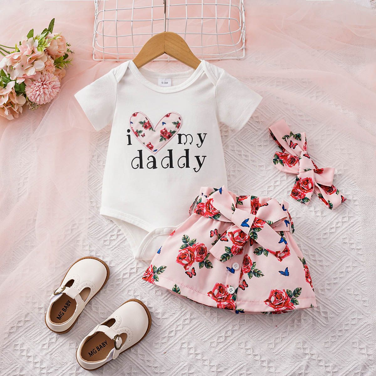 

Father's Day 3pcs Baby Girl 95% Cotton Heart Letter Print Short-sleeve Bodysuit and Floral Print Belted Skirt and Headband Set