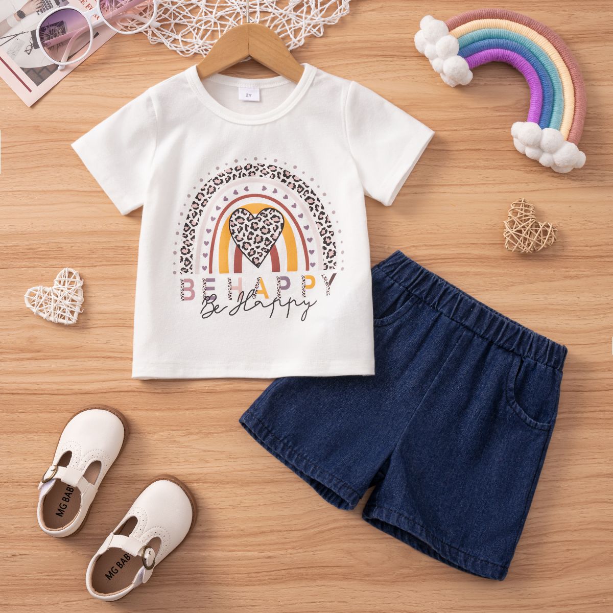 2pcs Toddler Girl Leopard Heart Rainbow Print Tee and 100% Cotton Denim Shorts Set