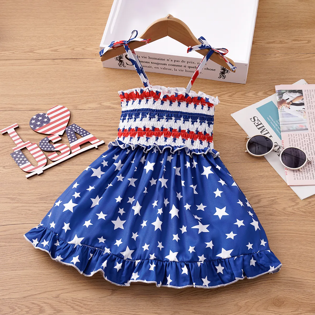 Independence Day Toddler Girl Stars Print Smocked Slip Dress