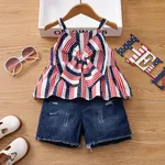 Independence Day 2pcs Toddler Girl Bow Front Striped Cami Top and 100% Cotton Ripped Denim Shorts Set  image 2