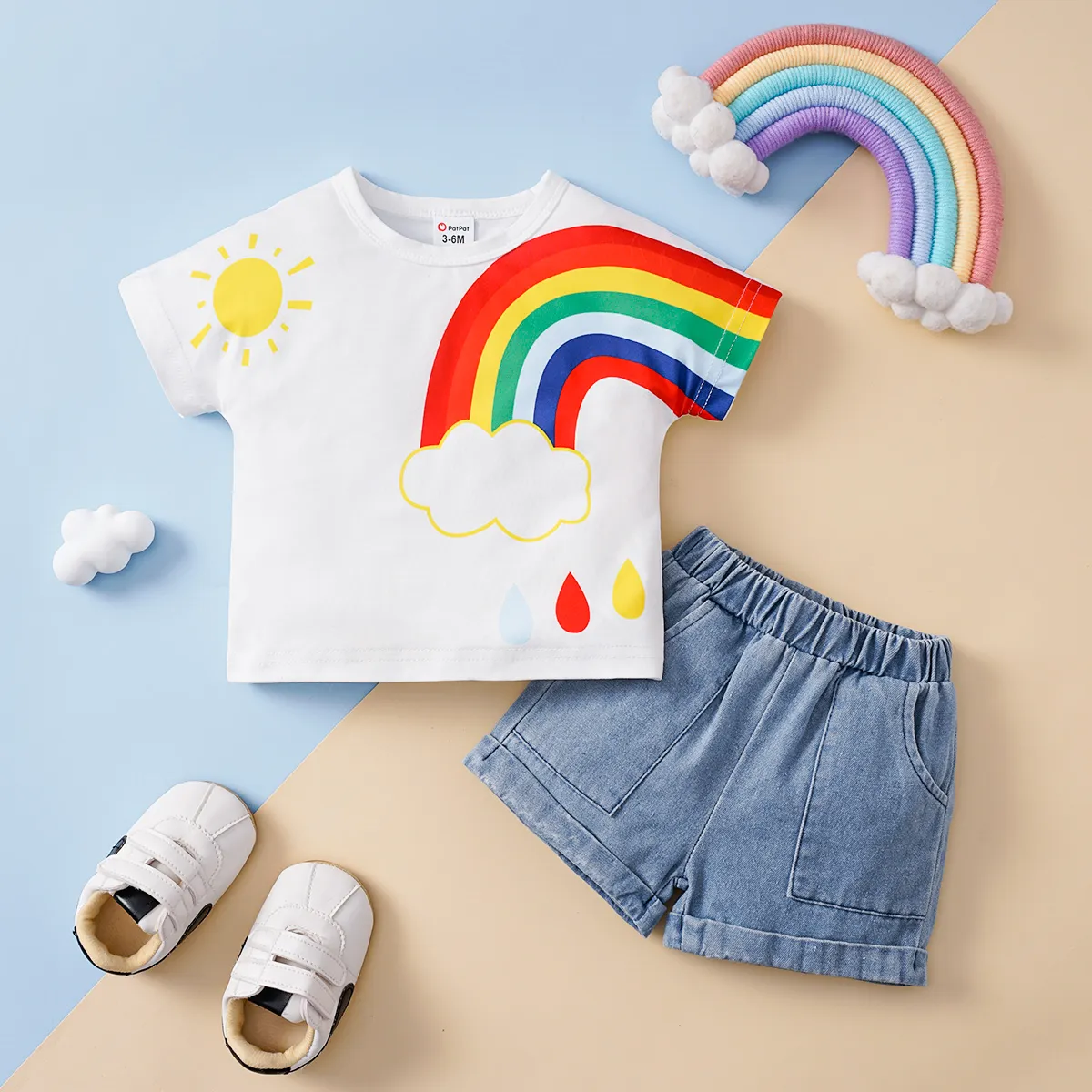 2pcs Baby Boy Rainbow Print White Short-sleeve Tee and 100% Cotton Shorts Set