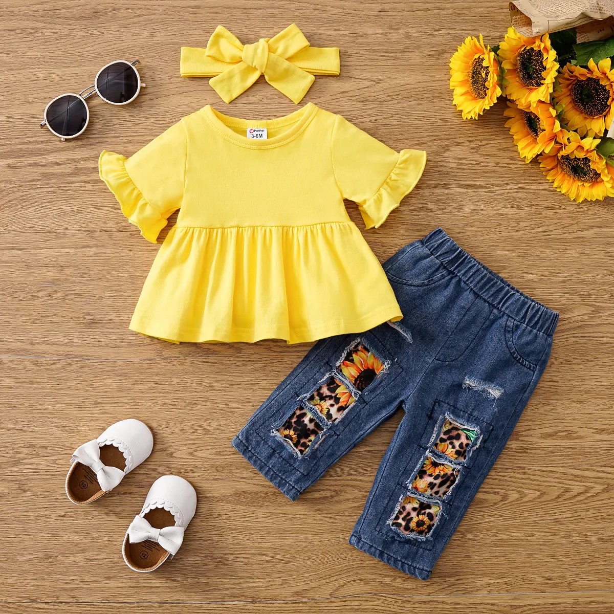 3pcs Baby Girl Ruffled Top and 100% Cotton Ripped Sunflower Leopard Print Pants & Headband Set  big image 1