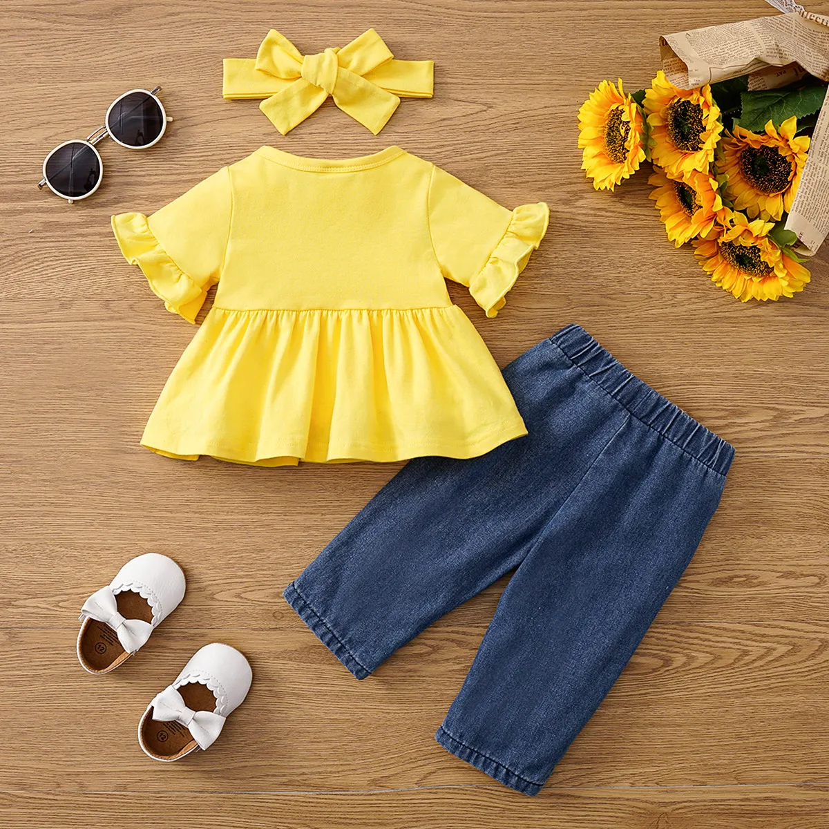 3pcs Baby Girl Ruffled Top and 100% Cotton Ripped Sunflower Leopard Print Pants & Headband Set  image 3