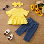 3pcs Baby Girl Ruffled Top and 100% Cotton Ripped Sunflower Leopard Print Pants & Headband Set  image 3