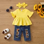 3pcs Baby Girl Ruffled Top and 100% Cotton Ripped Sunflower Leopard Print Pants & Headband Set  image 2