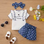 3pcs Baby Girl 95% Cotton Letter Heart Embroidered Ruffled Top & Bow Front Polka Dots Shorts & Headband Set  DENIMBLUE image 2