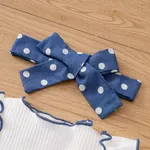3pcs Baby Girl 95% Cotton Letter Heart Embroidered Ruffled Top & Bow Front Polka Dots Shorts & Headband Set  DENIMBLUE image 4