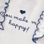 3pcs Baby Girl 95% Cotton Letter Heart Embroidered Ruffled Top & Bow Front Polka Dots Shorts & Headband Set  DENIMBLUE image 5