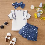 3pcs Baby Girl 95% Cotton Letter Heart Embroidered Ruffled Top & Bow Front Polka Dots Shorts & Headband Set  DENIMBLUE image 3