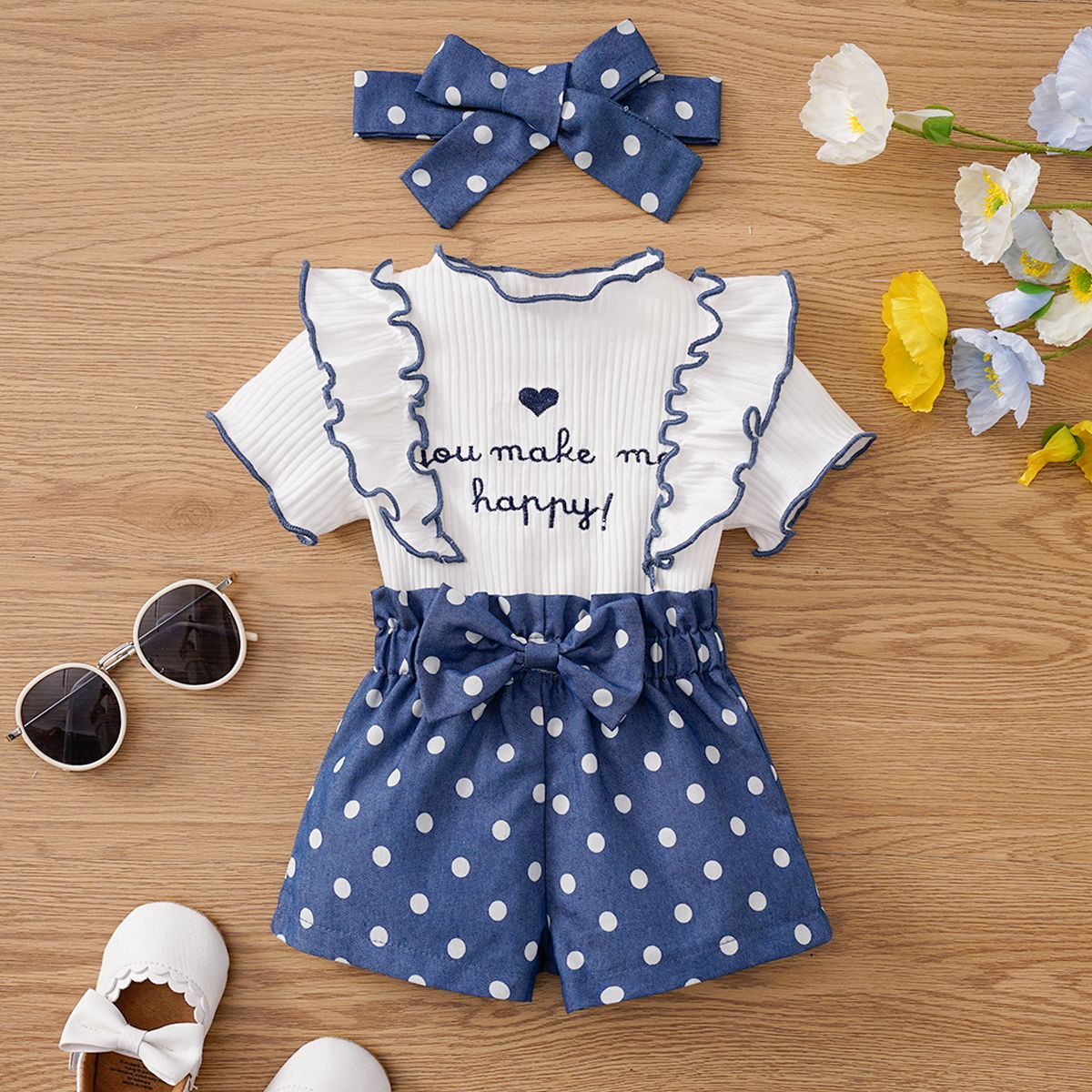 

3pcs Baby Girl 95% Cotton Letter Heart Embroidered Ruffled Top & Bow Front Polka Dots Shorts & Headband Set