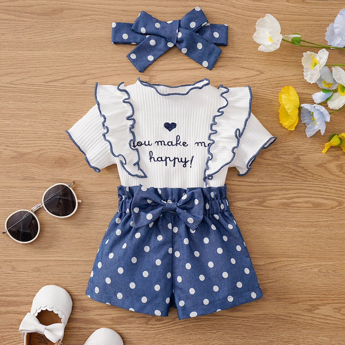 3pcs Baby Girl 95% Cotton Letter Heart Embroidered Ruffled Top & Bow Front Polka Dots Shorts & Headband Set  DENIMBLUE big image 1