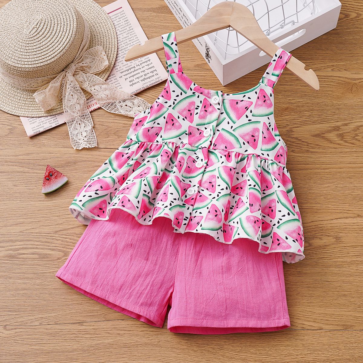 

2pcs Toddler Girl 100% Cotton Belted Shorts and Allover Watermelon Print Ruffle Hem Cami Top Set