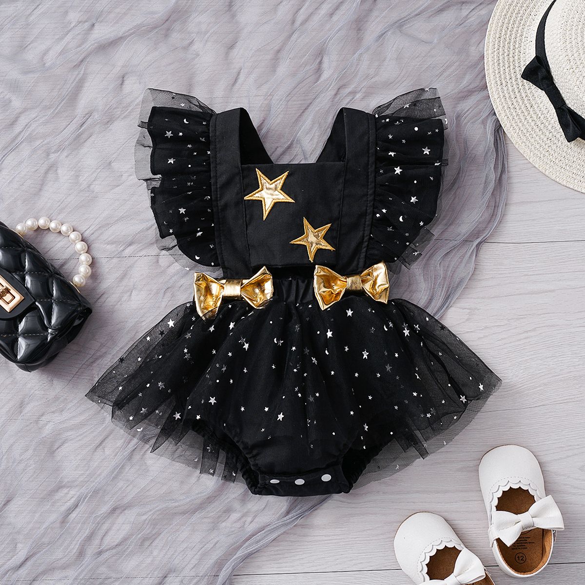 

Baby Girl Bow Decor Stars Pattern Black Mesh Bodysuit Dress