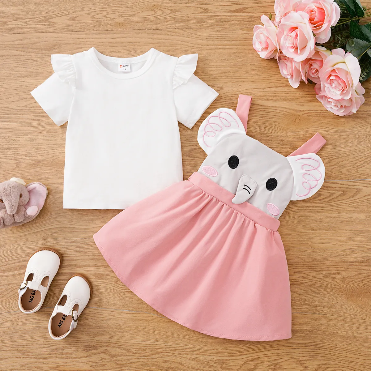 3pcs Toddler Girl Elephant Suspender Skirt & Ruffled Tee & Headband Set Pink image 2