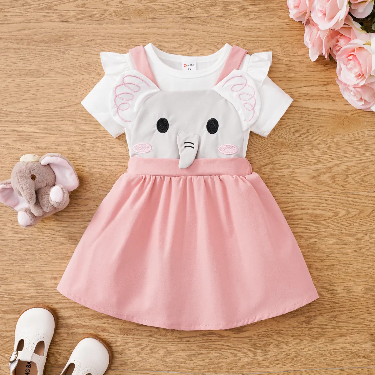 3pcs Toddler Girl Elephant Suspender Skirt & Ruffled Tee & Headband Set Pink big image 1