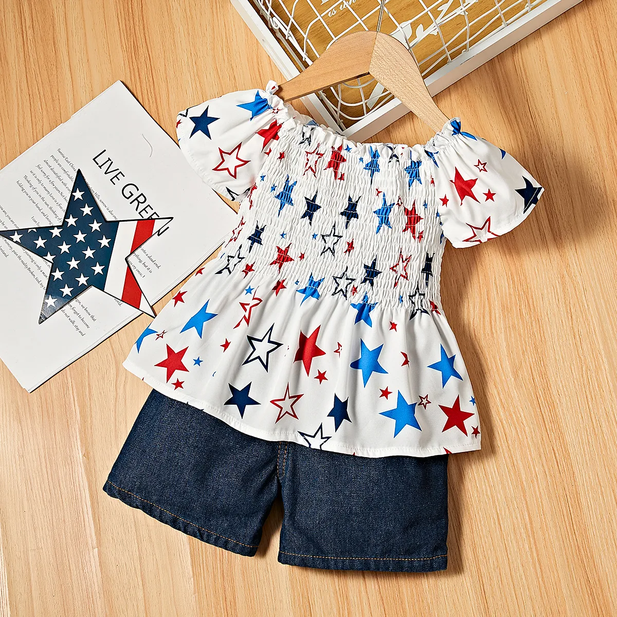 Dia Nacional 2 unidades Criança Menina Ponto smock Bonito conjuntos de camisetas Azul image 6