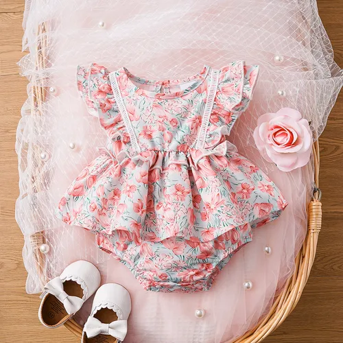 Baby Girl Allover Floral Print Flutter-sleeve Bodysuit Dress 