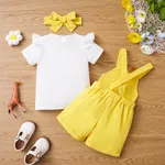 3pcs Toddler Girl 95% Cotton Ruffle Solid Short-sleeve Tee and Giraffe Pattern Strappy Pocket Overalls & Headband Set  image 3