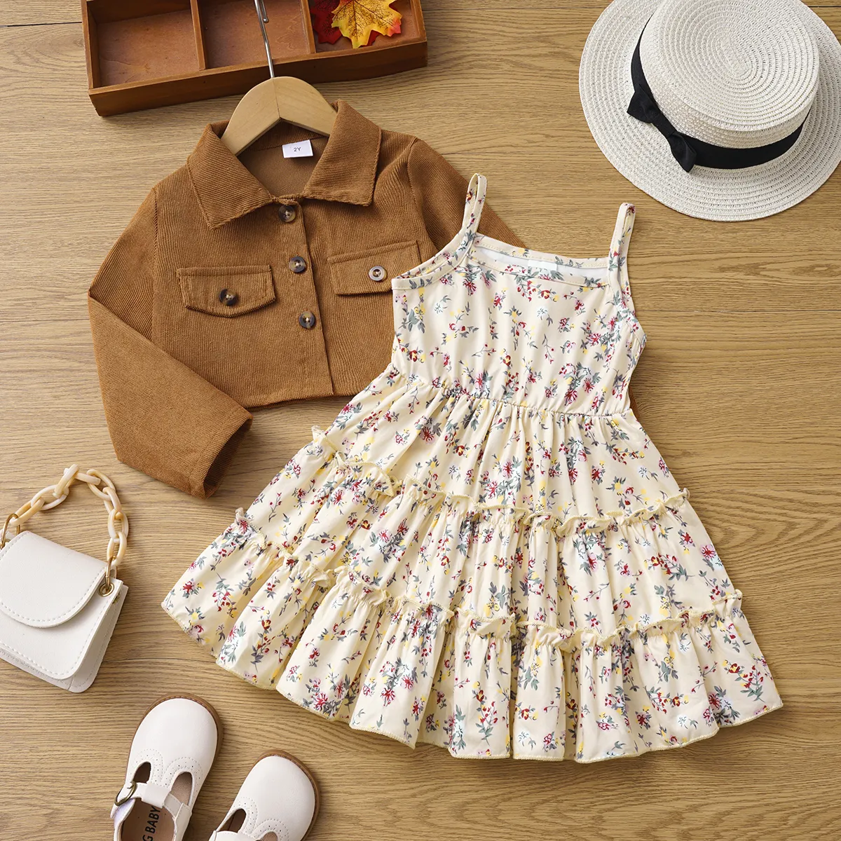 2pcs Toddler Girl Buttons Front Long-sleeve Jacket and Allover Floral Print Ruffle Slip Dress Set Khaki big image 1