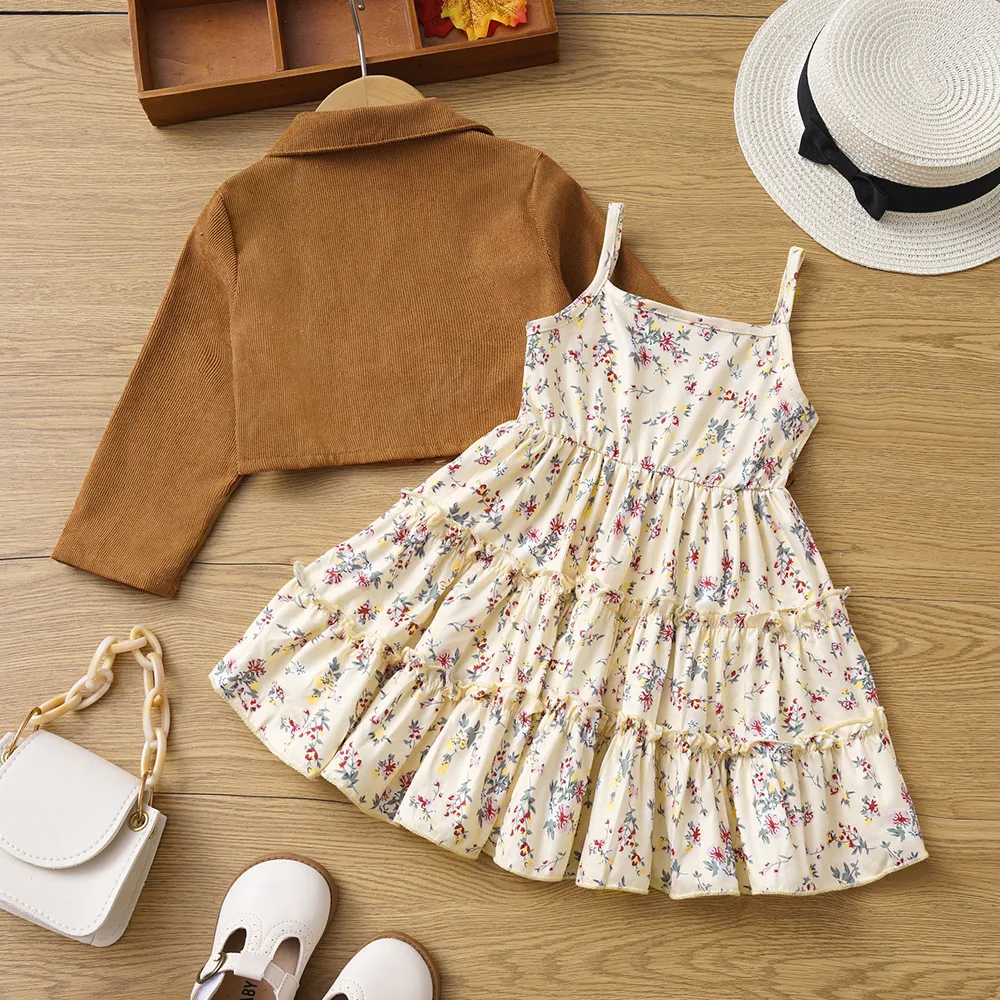 2pcs Toddler Girl Buttons Front Long-sleeve Jacket and Allover Floral Print Ruffle Slip Dress Set  big image 7