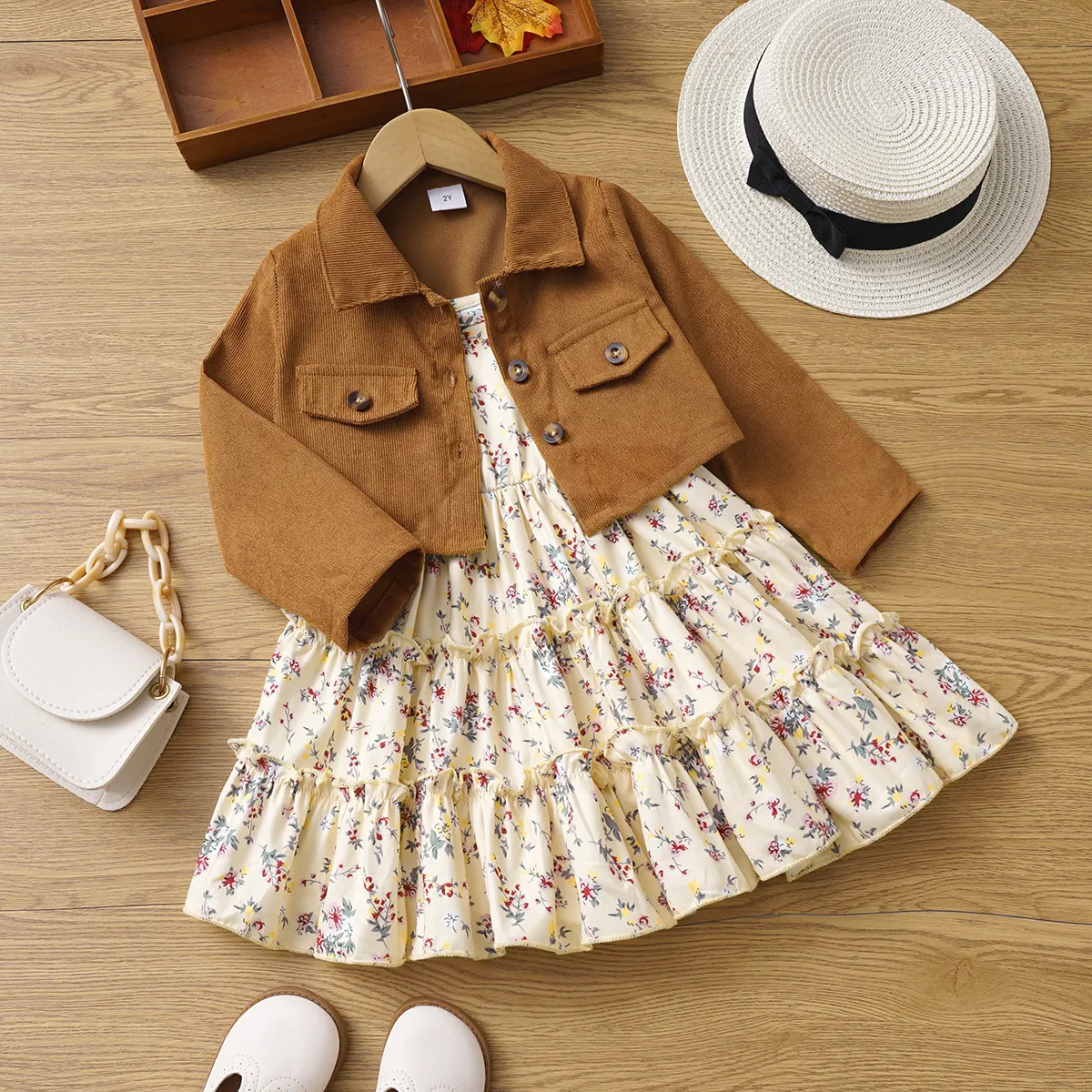 2pcs Toddler Girl Buttons Front Long-sleeve Jacket and Allover Floral Print Ruffle Slip Dress Set  big image 1