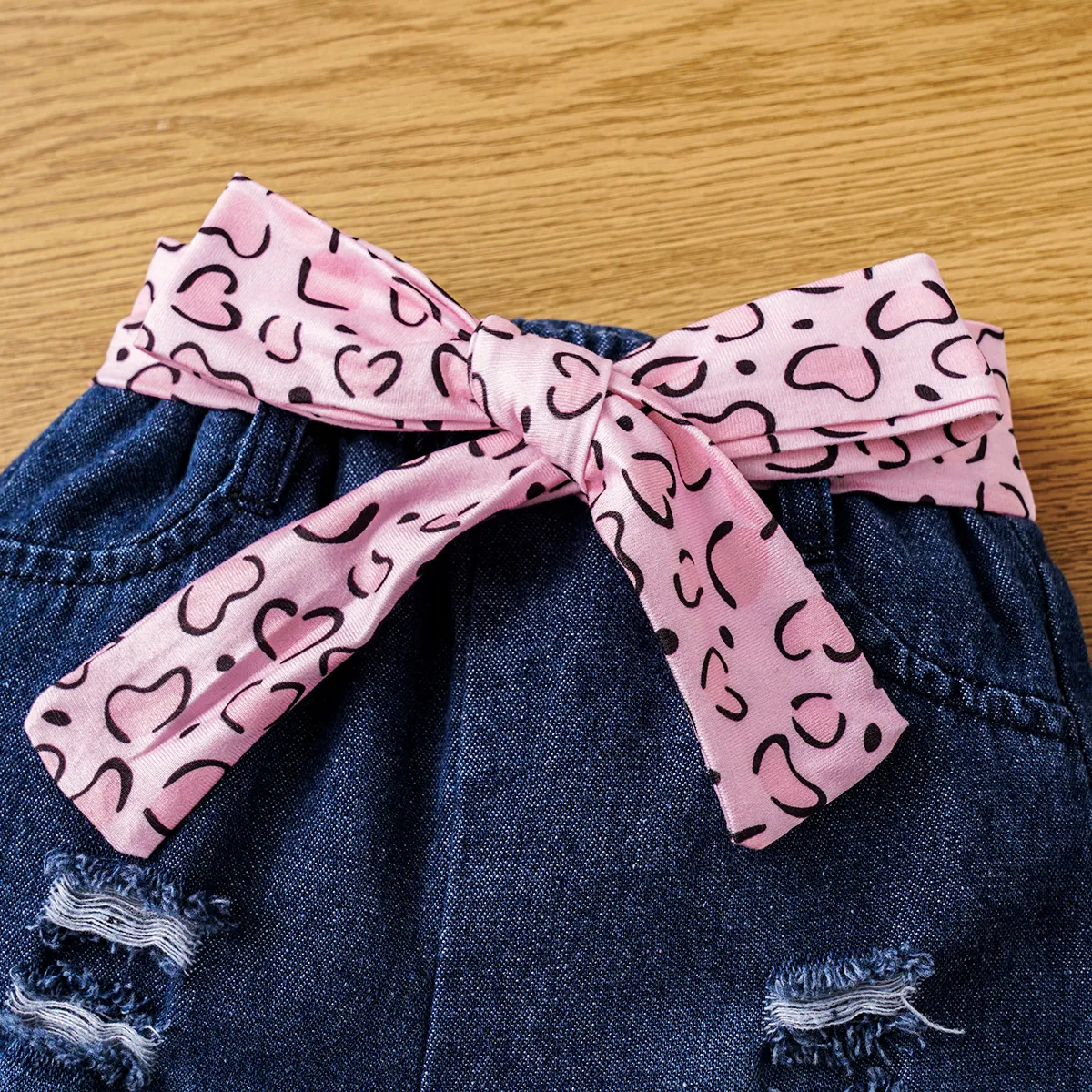 2pcs Baby Girl Figure Print Long-sleeve Sweatshirt and 100% Cotton Belted Ripped Jeans Set  image 6