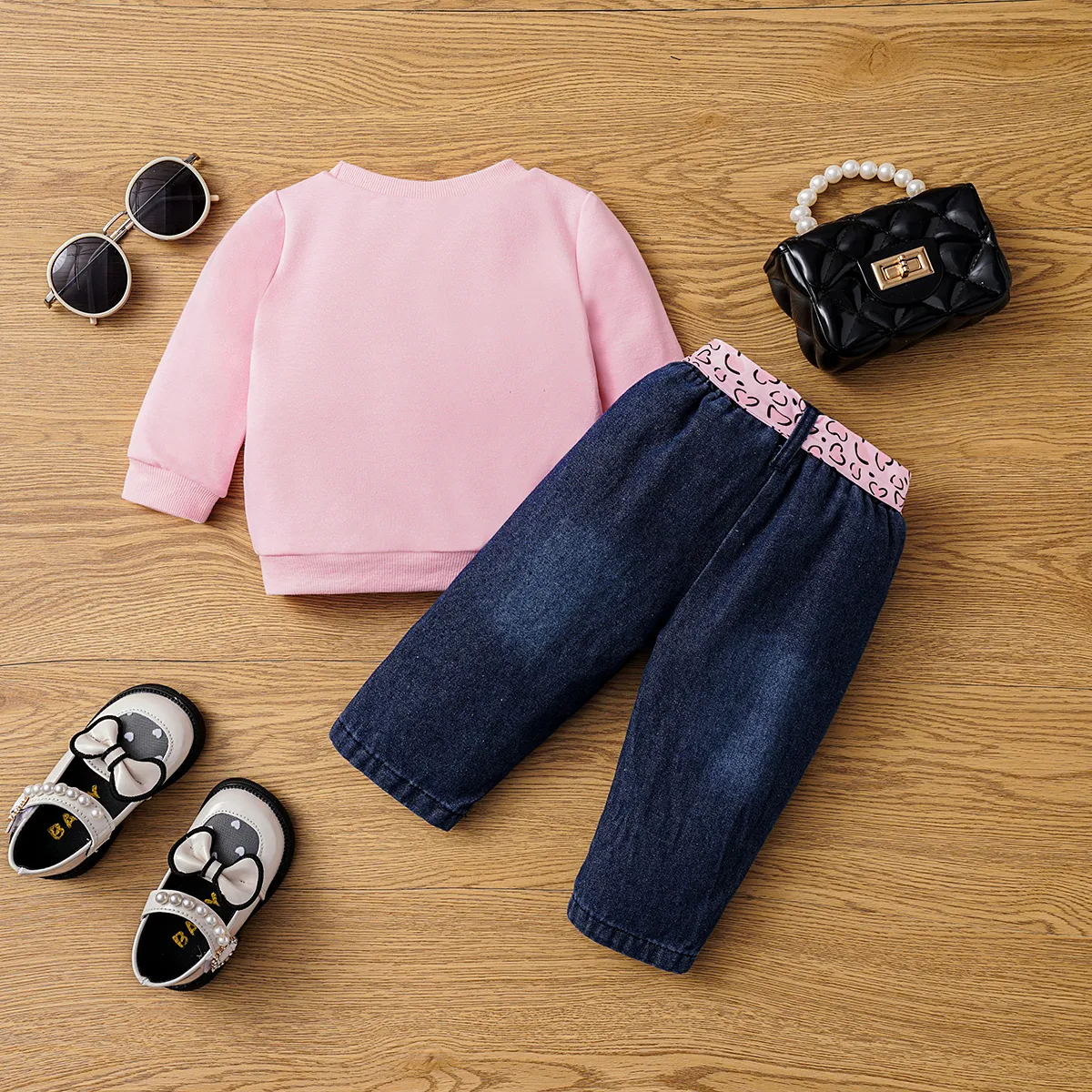 2pcs Baby Girl Figure Print Long-sleeve Sweatshirt and 100% Cotton Belted Ripped Jeans Set  image 2