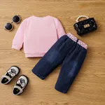 2pcs Baby Girl Figure Print Long-sleeve Sweatshirt and 100% Cotton Belted Ripped Jeans Set  image 2