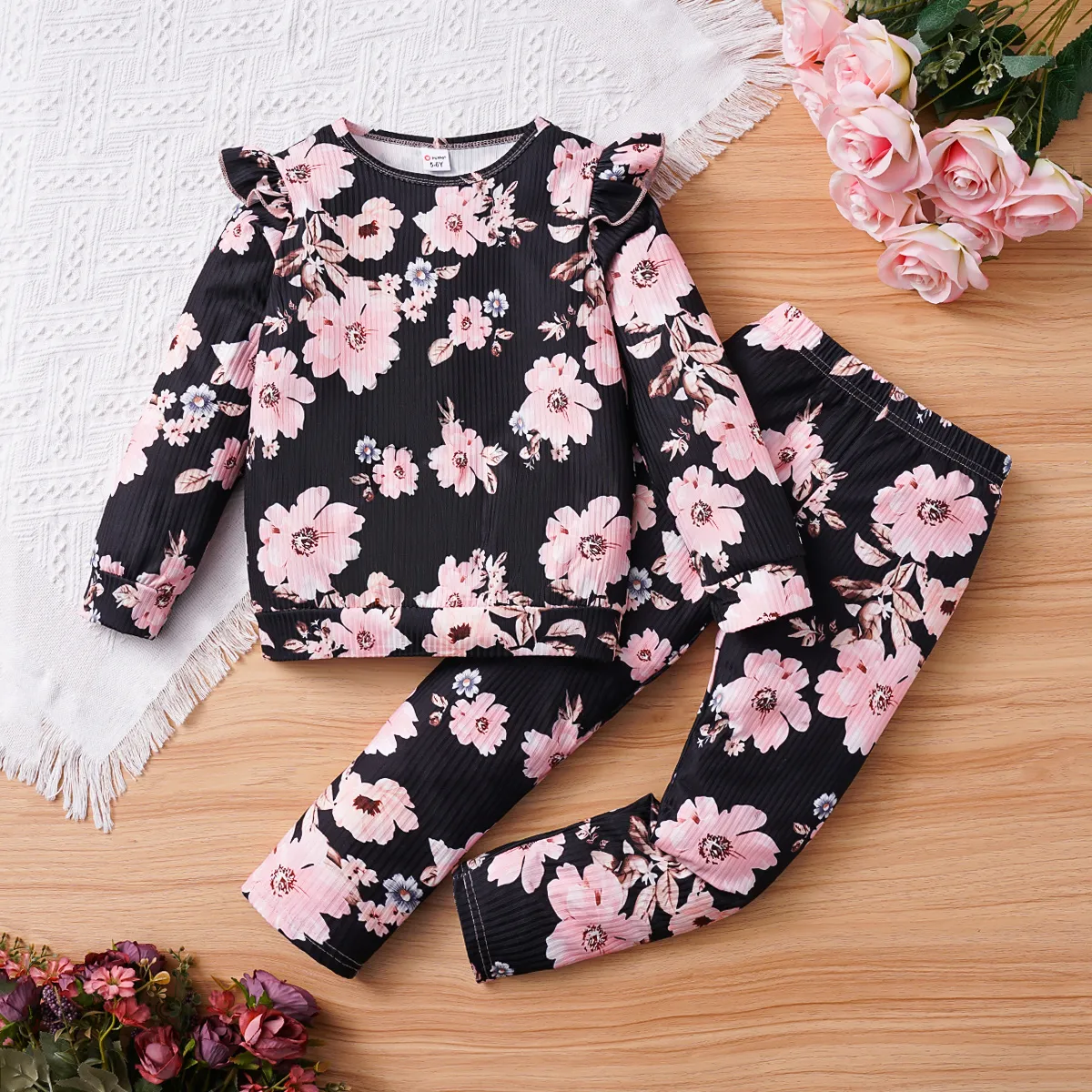 2pcs Kid Girl Allover Floral Print Ribbed Long-sleeve Top and Pants Set