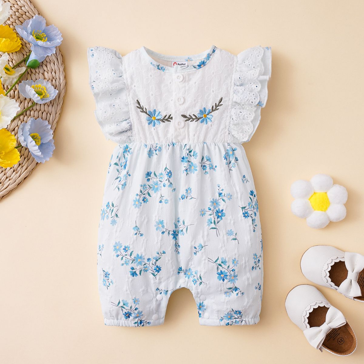 Baby Girl 100% Cotton Buttons Ruffle Floral Pattern Hollow Romper