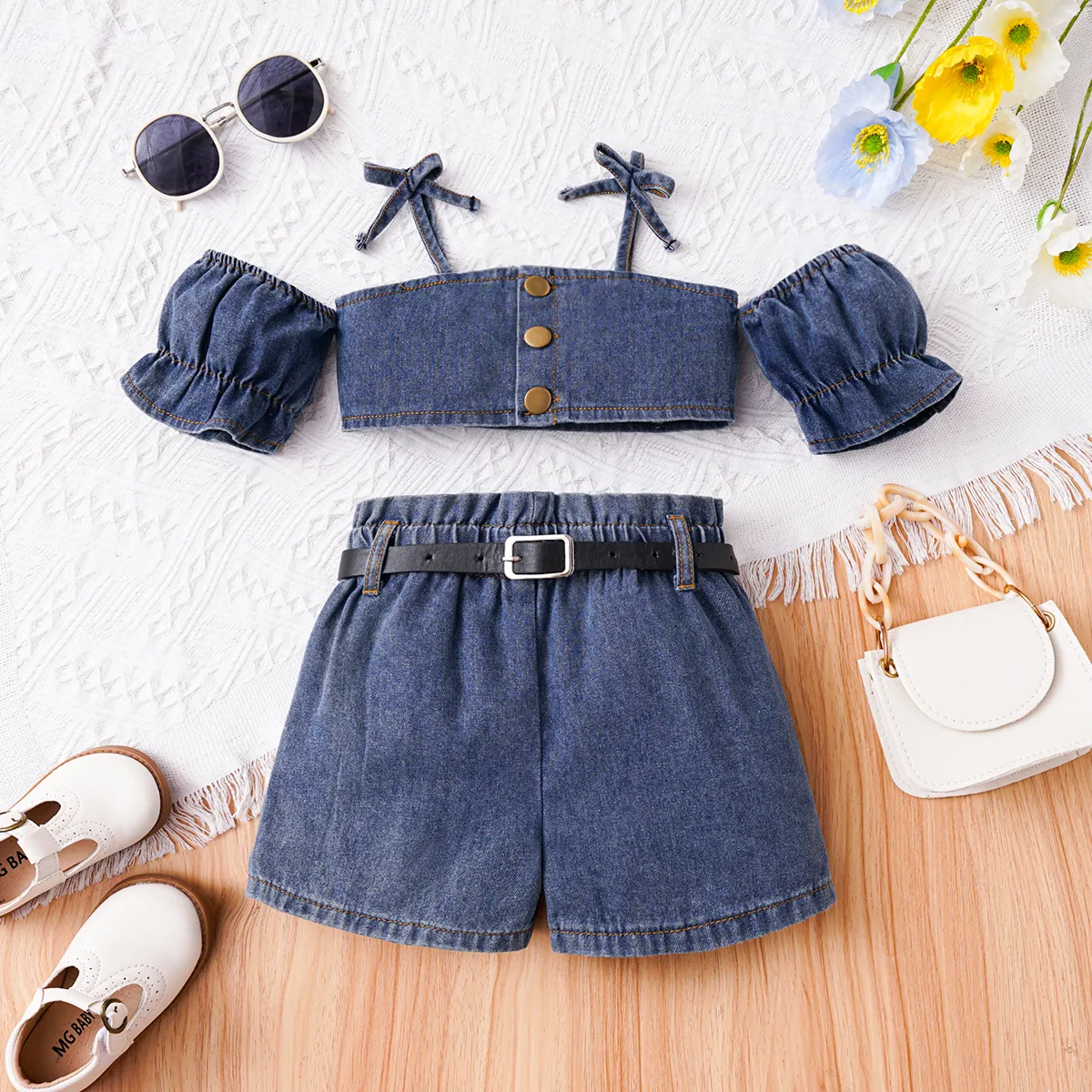 2pcs Toddler Girl 100% Cotton Front Buttons Ruffle Slip Top and Belted Denim Shorts Set