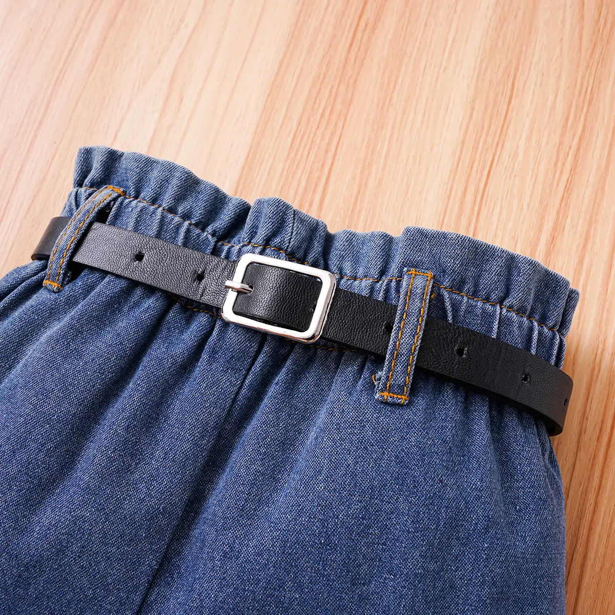 2pcs Toddler Girl 100% Cotton Front Buttons Ruffle Slip Top and Belted Denim Shorts Set DENIMBLUE big image 1