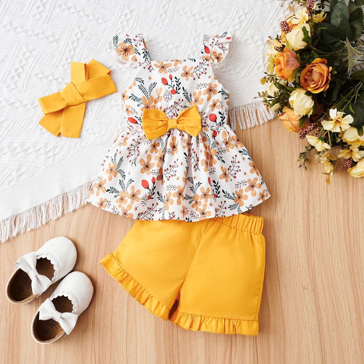 3pcs Baby Girl Floral Print Bow Decor Peplum Tank Top & 100% Cotton Shorts & Headband Set   image 2